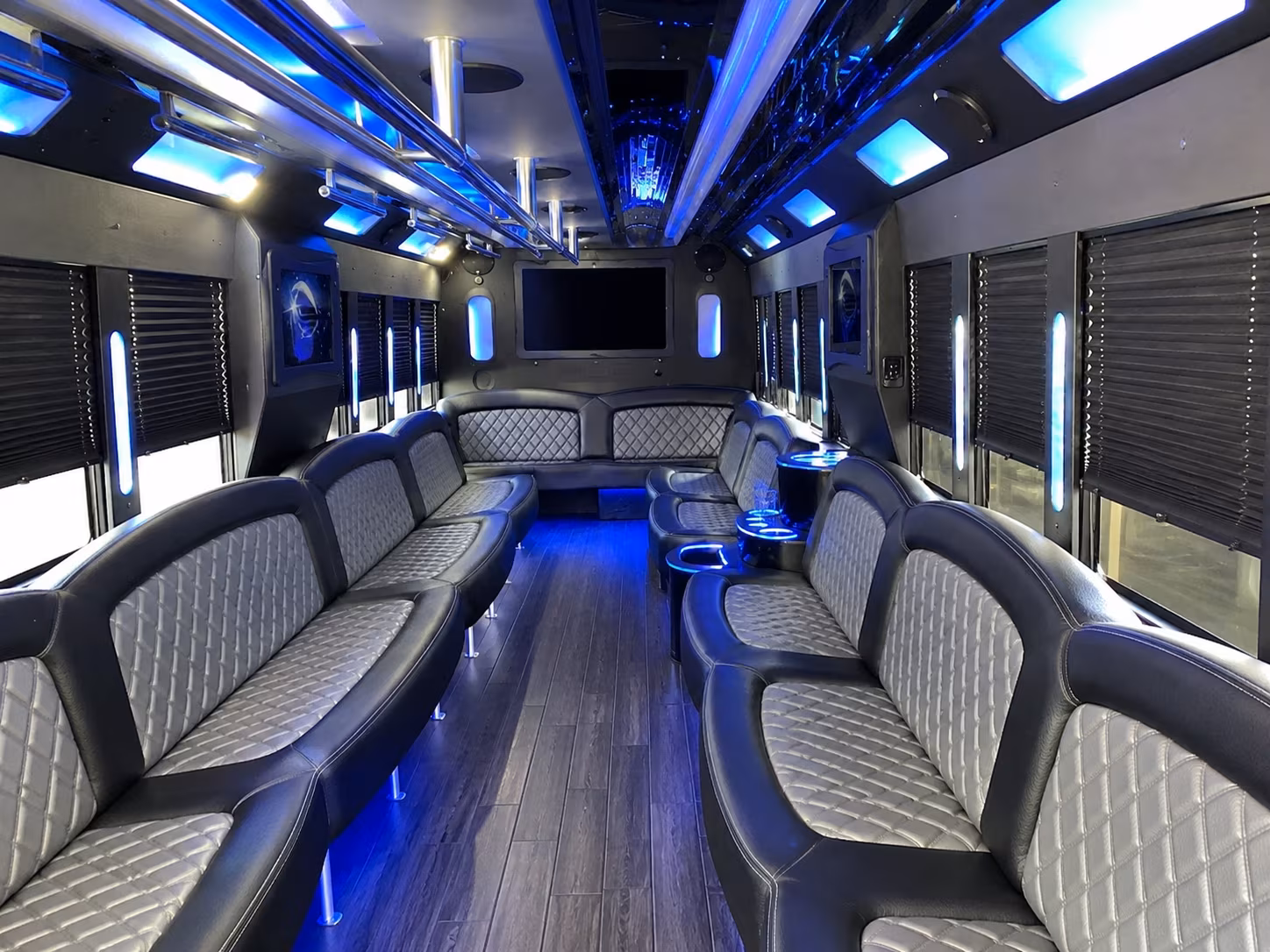 Wedding guests seated inside a party bus serving Elk Grove